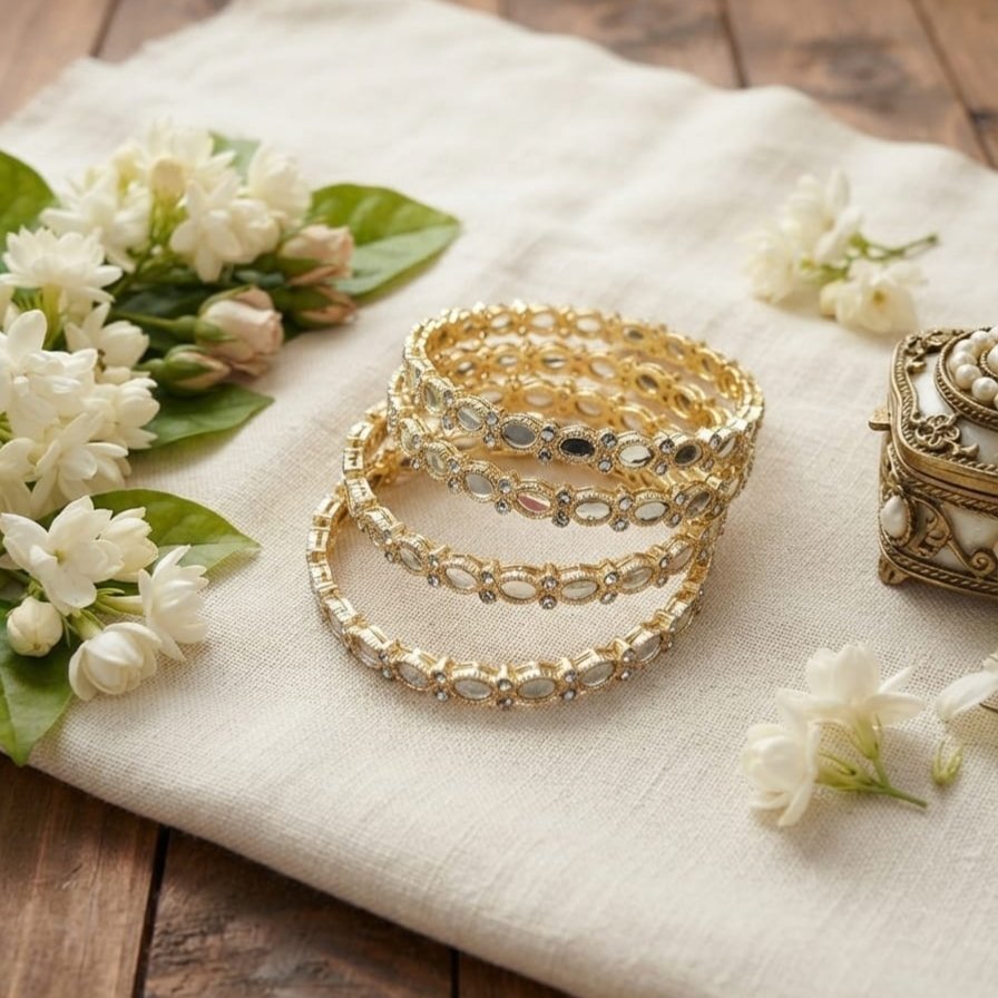 Royal Gold Plated Mirror Kundan Bangles Set - 4 Piece Traditional Indian Pakistani Churi with AD Stones